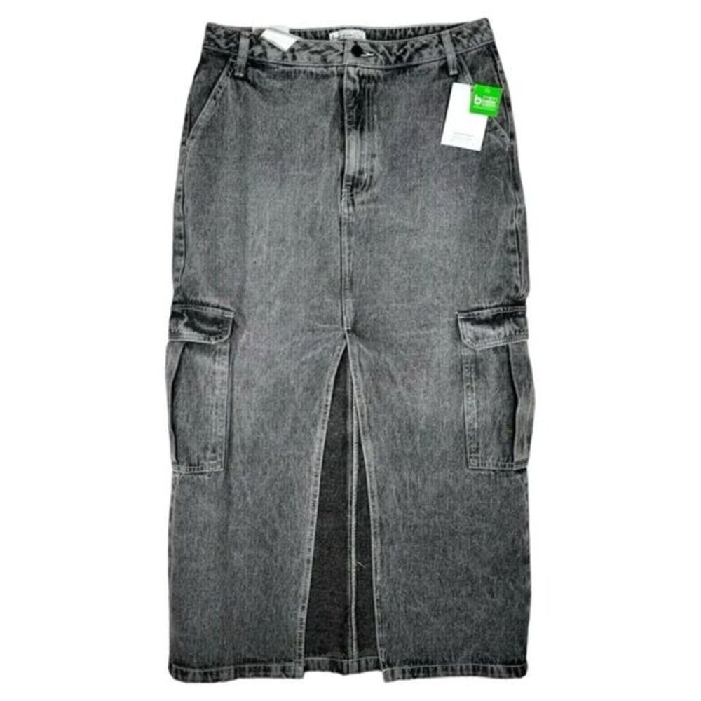 NEW Love Fire Cargo Denim Maxi Skirt Size 13 32 Charcoal Black Front Slit Grunge